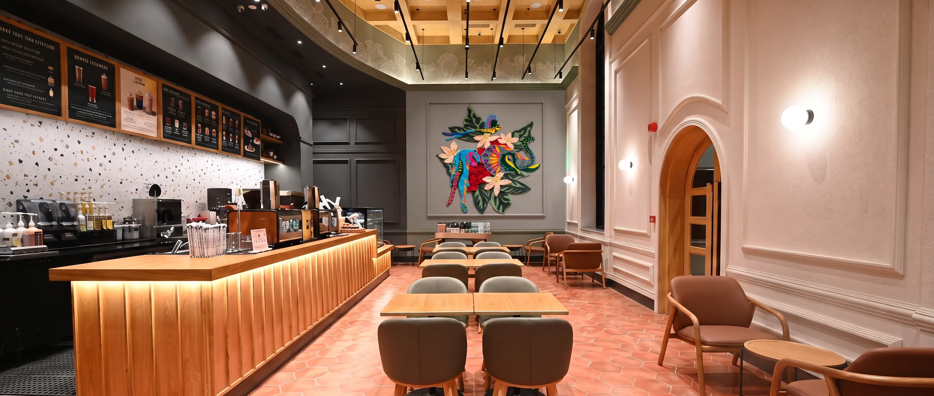 Hand-tufted woollen quetzal, tiger and elephant wall art at Starbucks Rajpur Road, Dehradun